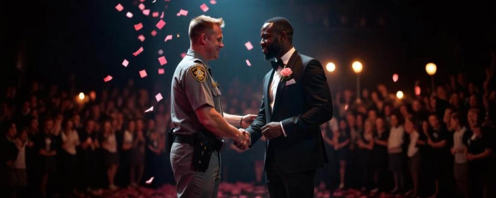 A security officer in uniform, receiving a security industry award at a ceremony