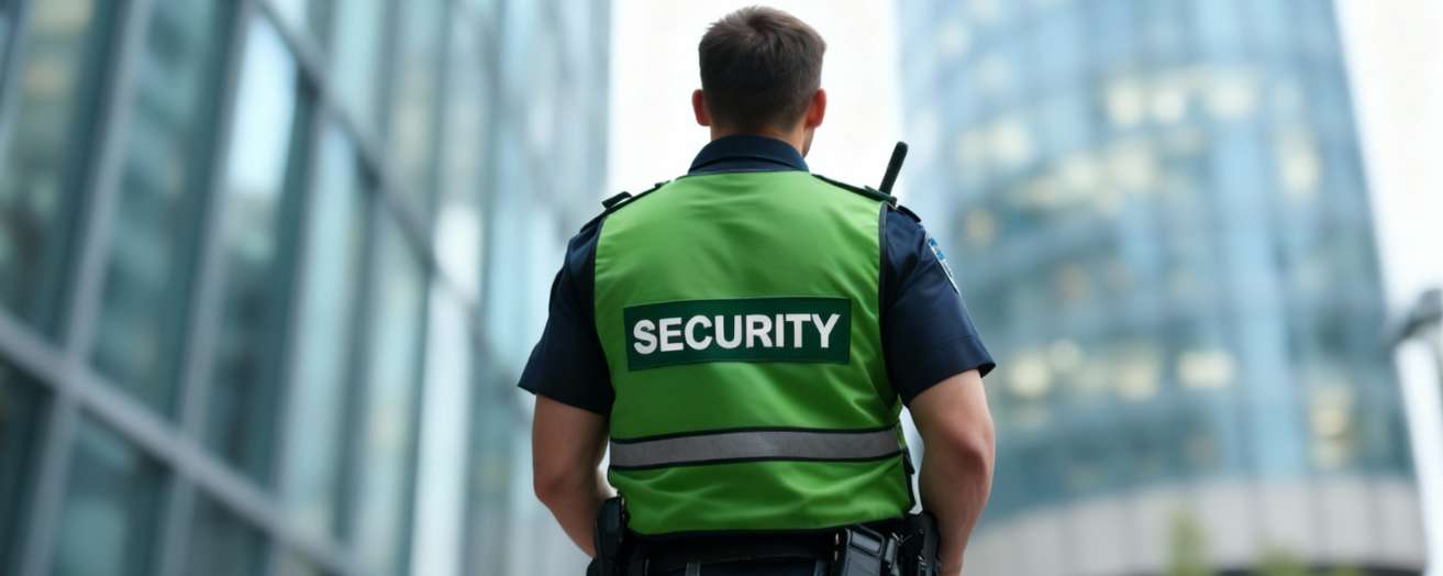 A security officer on duty wearing a green vest, walking towards a building