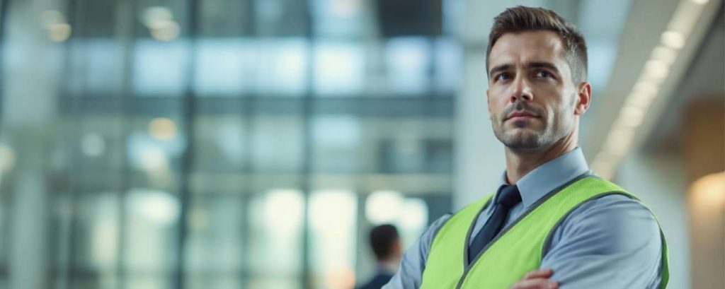 A security manager in uniform, standing outside a building.