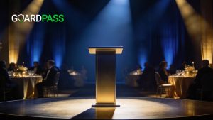 a stage with a podium at a security awards event