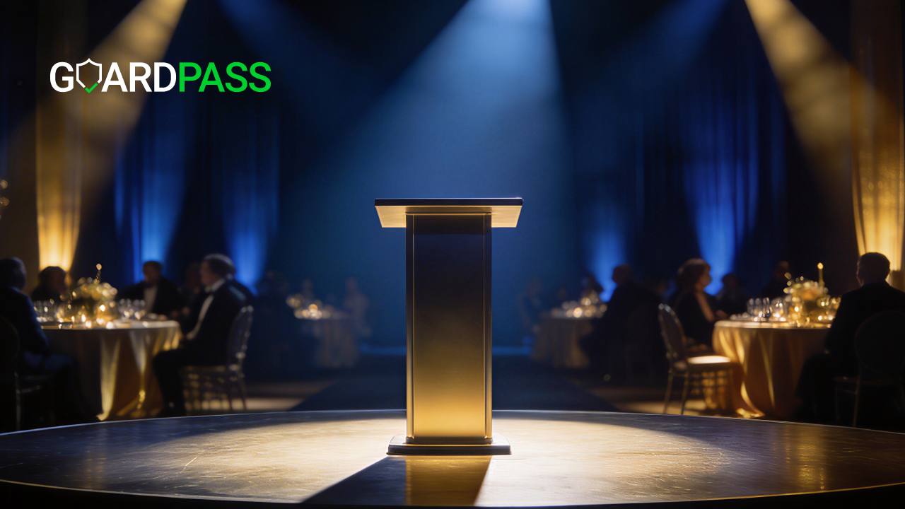 a stage with a podium at a security awards event