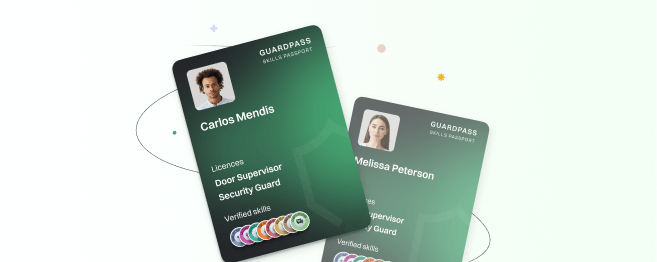 Two overlapping green “GUARDPASS Skills Passport” ID cards on a dark background, showing profile photos, names (Carlos Mendis and Melissa Peterson), SIA licence types (Door Supervisor, Security Guard), and a row of verified skills badges.