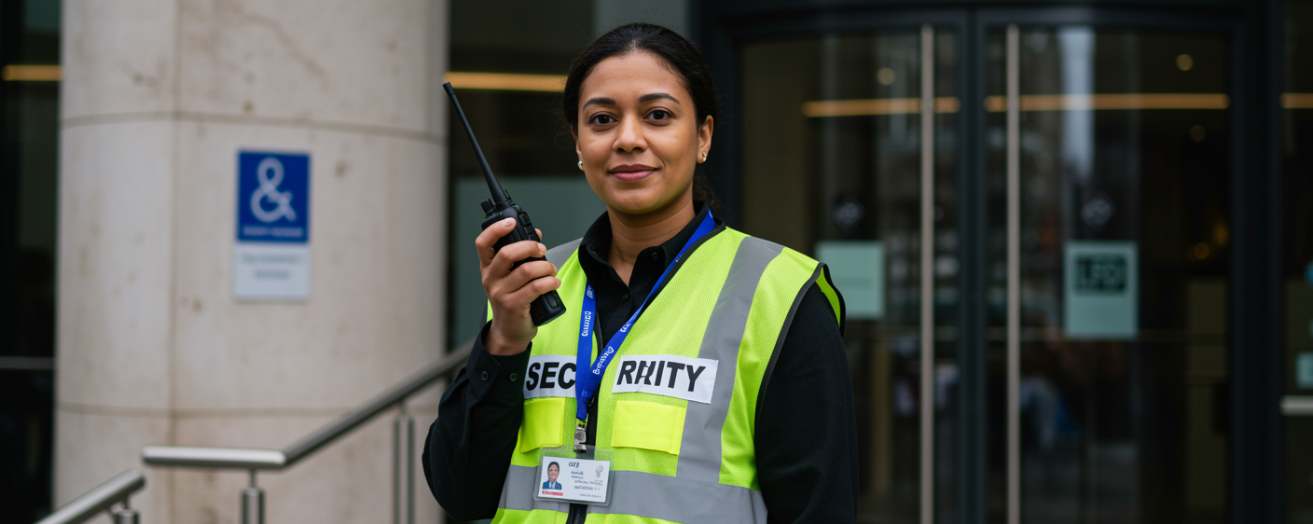 a female security officer holding a walkie talkie