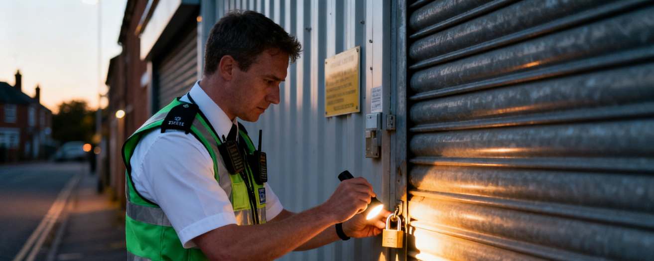 ecurity officer conducting torch-lit padlock check on industrial shutter during evening patrol