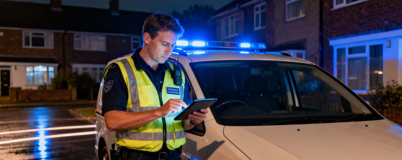 Security response officer reviewing alarm notification on tablet inside patrol vehicle outside commercial premises at night