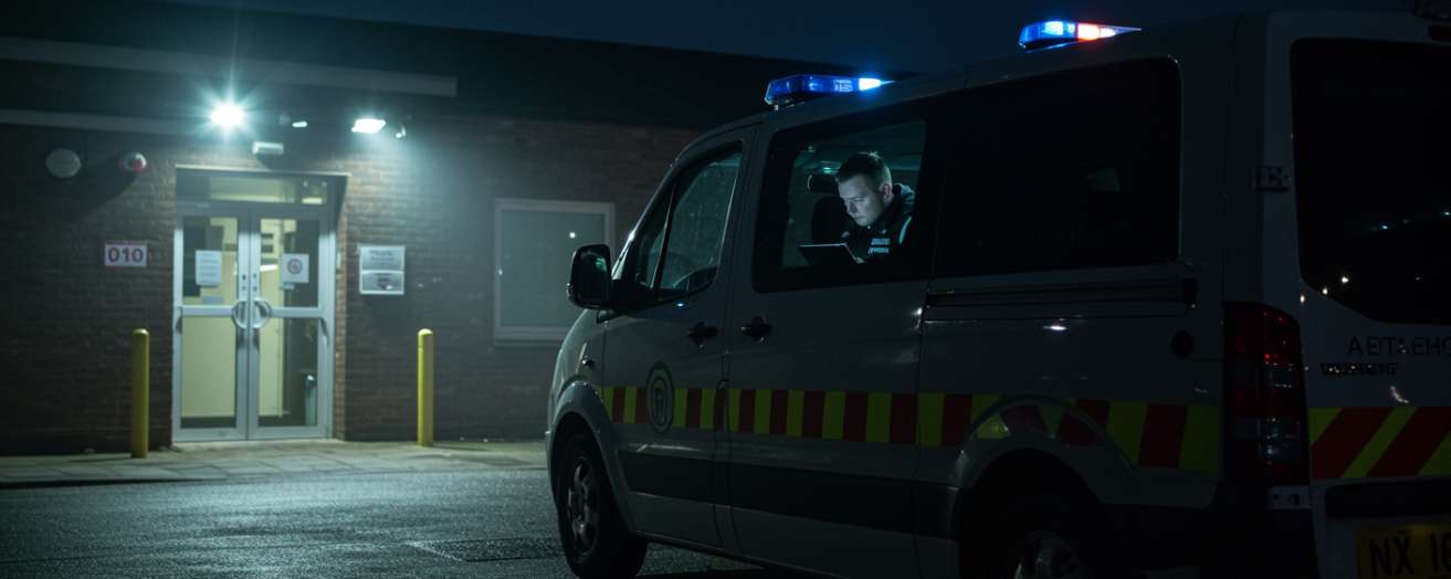 Mobile security officer checking dispatch app on tablet beside response vehicle in UK residential street at night