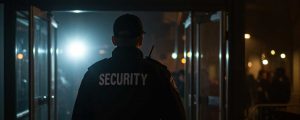 a security worker outside a venue at night