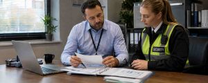 a security company representative explaining ACS audit compliance rules to a security officer