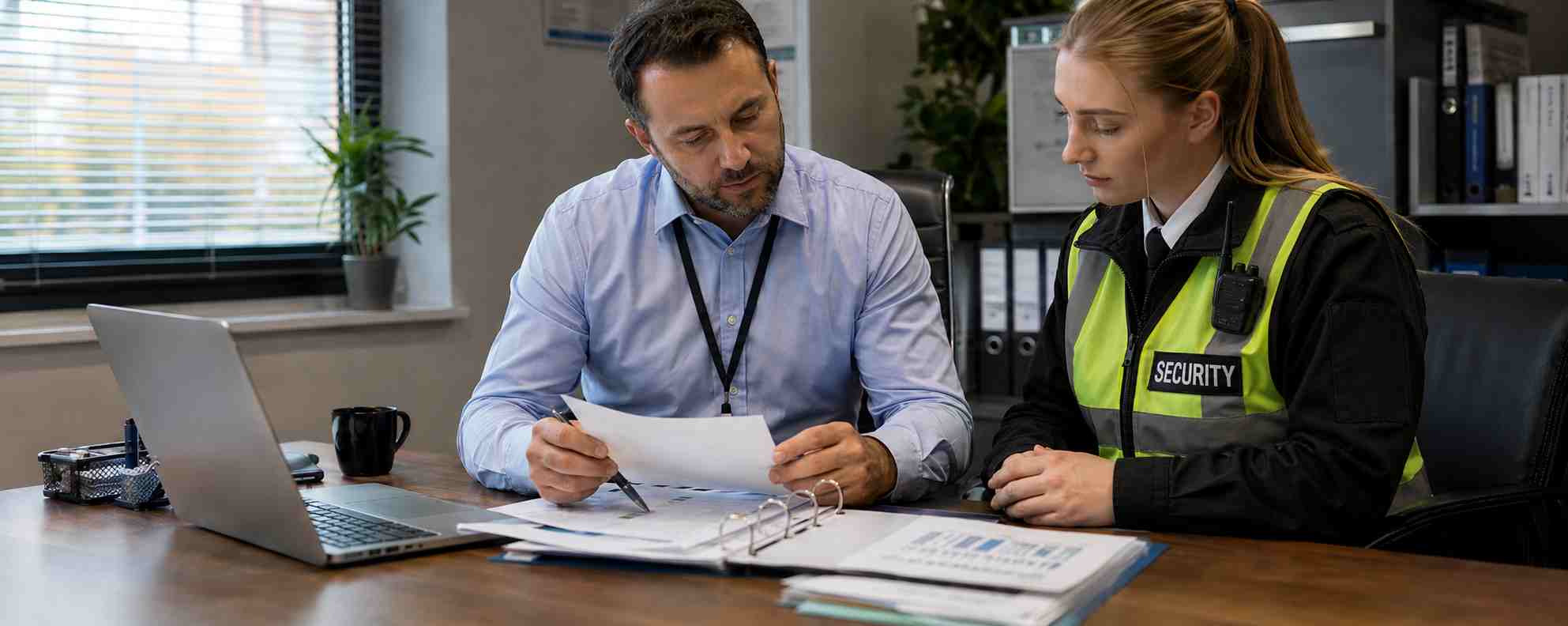 a security company representative explaining ACS audit compliance rules to a security officer