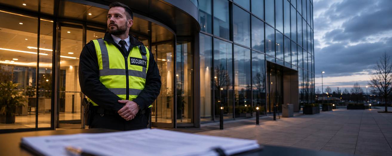 a security guard standing outside a building